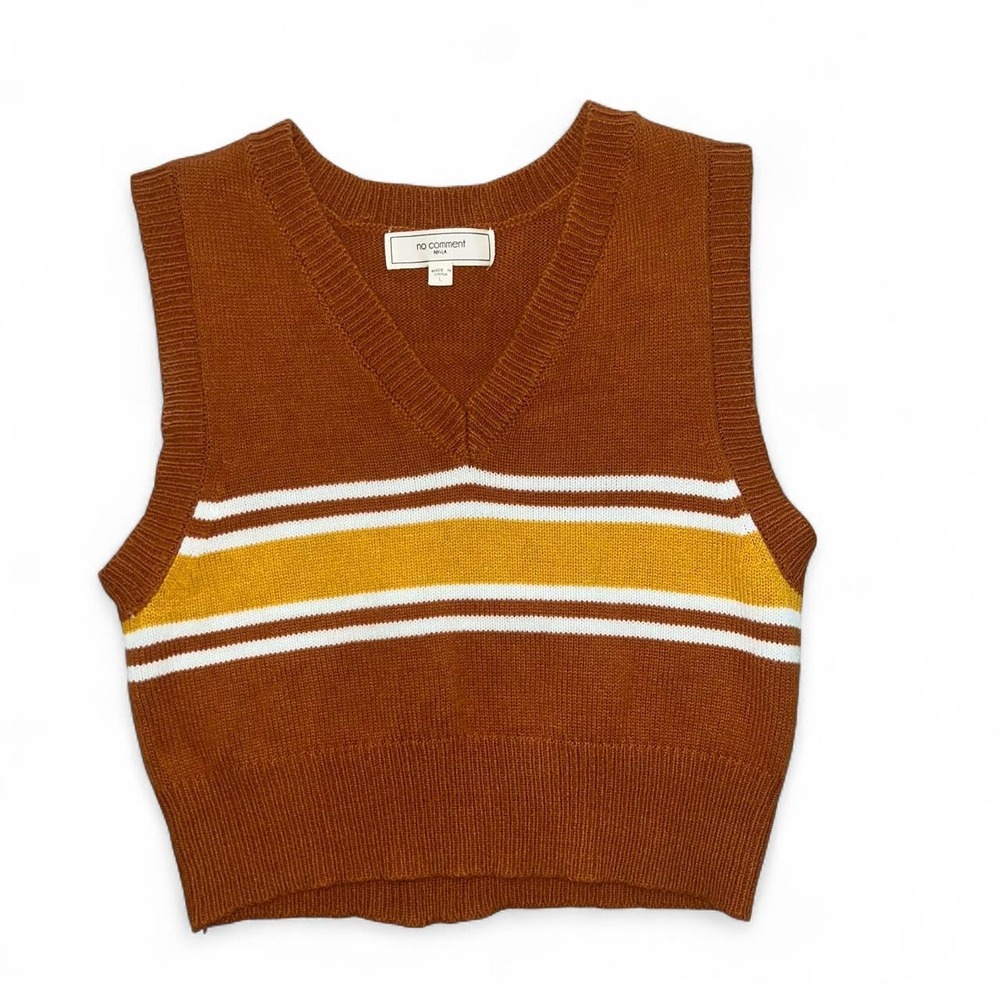 No Comment Brown Rust Mustard Yellow Striped Sweater Vest Y2K Preppy Large - Picture 1 of 4